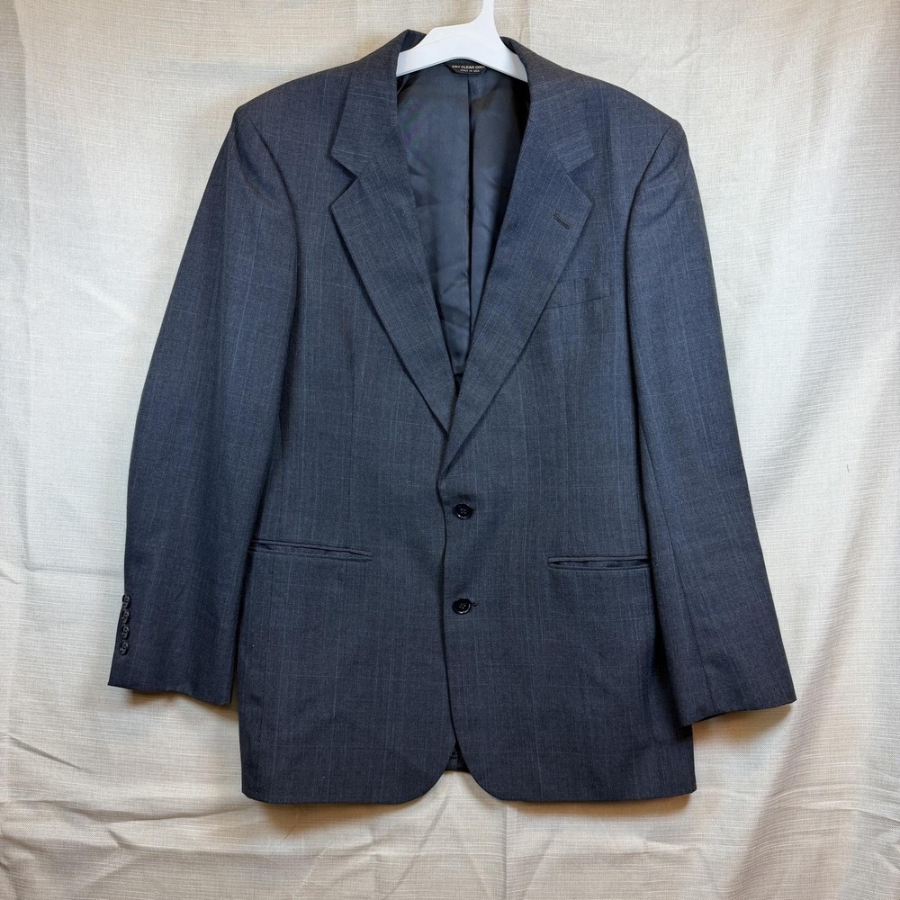Vintage Bill Blass Suit Jacket Mens 44 Gray Plaid Wool 2 Button Made USA Classic